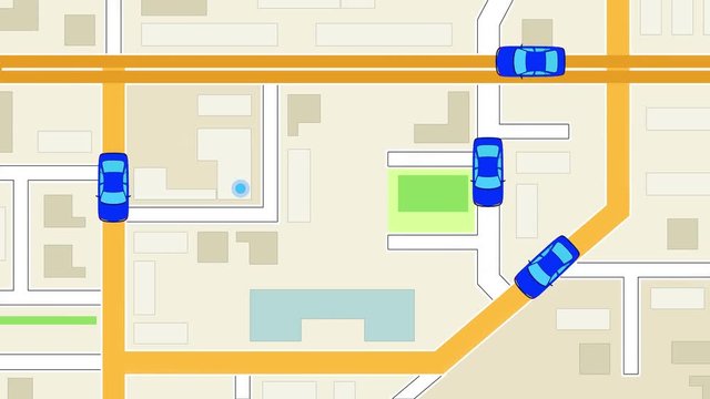 Blue cartoon cars move around the map. Taxi service in the application on the phone. It can be seen where the available taxi cars pass. A simulated ride sharing app map background screen for a tablet.