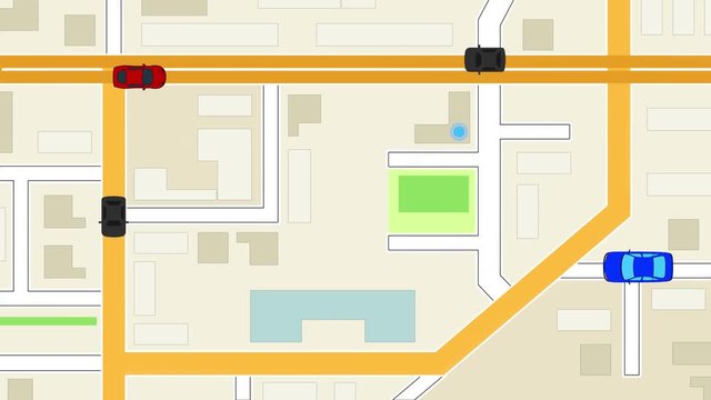 Multi-colored cars from the taxi service move around the map. On the screen for your phone you can see where the car is from a taxi. A simulated ride sharing app map background screen for a tablet.