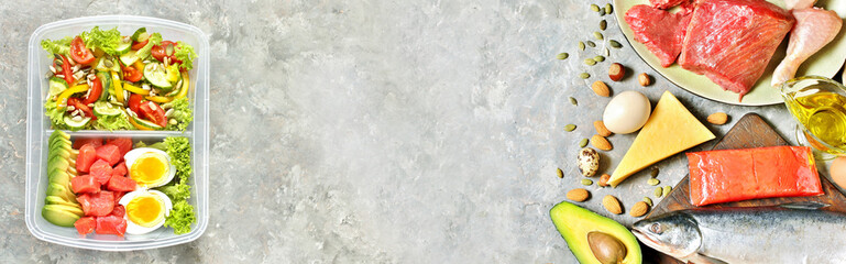 banner keto diet lunch box. A special diet with fats and proteins - meat, fish, avocados, butter, nuts, eggs. basis of ketogenic diet nutrition. copy space. place for text. top view