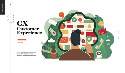 Technology 2-CX customer experience - modern flat vector concept digital illustration of user or customer experience, a user in front of interface. Creative landing web page design template