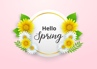 Hello spring background with beautiful flowers and round frame 