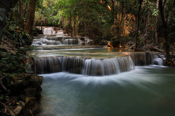 A beautiful view of Huay Mae khamin waterfall at Kanchanaburi province in Thailand. traveling and attractions concept