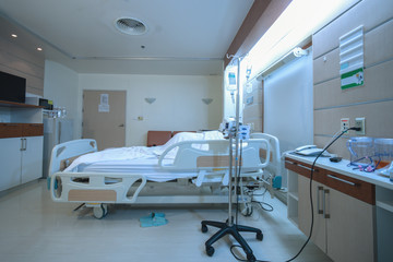 perspective view of hospital single patient room fully furnished