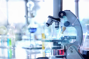 microscope and laboratory tools in reseach laboratory