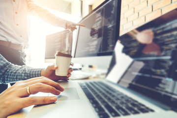 Developing programmer Team Development Website design and coding technologies working in software company office