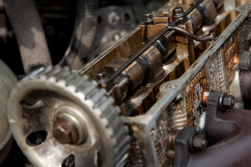 Inside old car engine on scrap yard