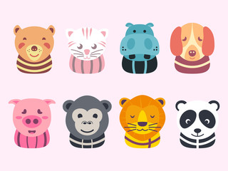 cute cartoon animal icon set. bear, cat, hippo, dog, pig, gorilla, monkey, lion, panda best for children