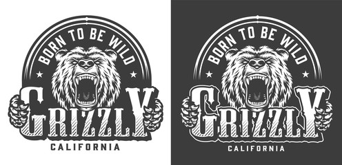 Vintage monochrome angry bear head print