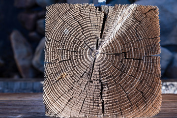 Tree rings on the edge of a wood post - obrazy, fototapety, plakaty