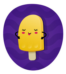 Сartoon ice cream character with funny face on a purple background with waves