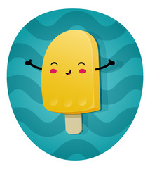 Сartoon ice cream character with cute happy face on a turquoise background with waves
