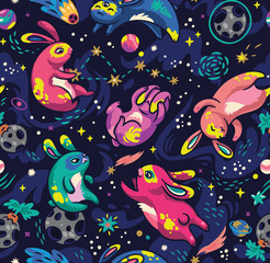 Moon bunnies exploring the space. Vector seamless pattern