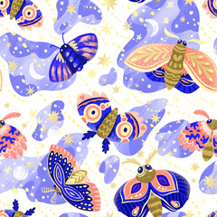 Bright seamless pattern with moths and night butterflies