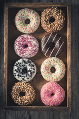 Sweet and fresh donuts with various decoration
