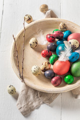 Fresh eggs for Easter in old clay plate