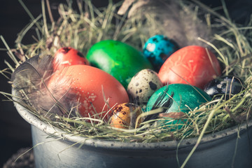 Closeup of color eggs for Easter on hay