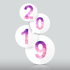 Happy new year 2019 vector background. Polygon number text on paper bubble.