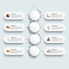 Infographic template with 3D paper label, integrated circles. Business concept with 8 options. Ffor workflow layout infographic, diagram, number, web design.
