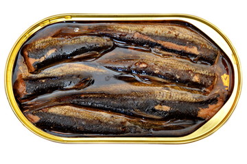 Open tin jar of canned golden smoked Baltic sprats in vegetable oil. Top view, White background....