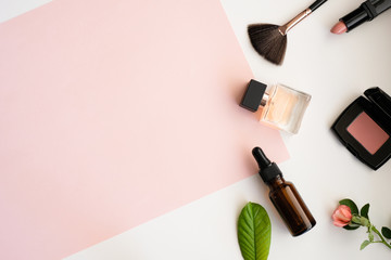Makeup cosmetic products color background flat lay top view.woman beauty fashion decorative.