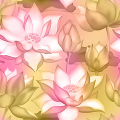 Lotus buds and flowers seamless background., Water lilly nelumbo aquatic plant botanical design.