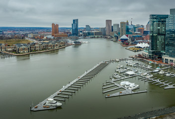 Obraz premium Aerial view of Baltimore Inner harbor skyline in Maryland USA