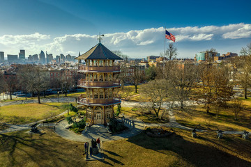 Patterson Park Pagoda During Winter in Baltimore, Maryland, USA with American Flag