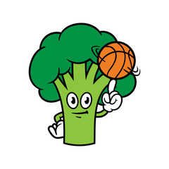 Fototapeta premium Cartoon Broccoli Character Spinning a Basketball