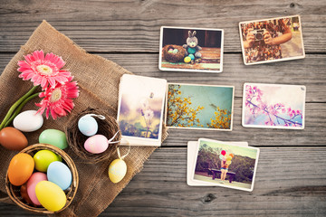 Photo album in remembrance and nostalgia of Happy easter day on wood table  backgroud. Holiday in...