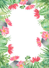 Watercolor frame with succulents, cacti and flowers. Template for cards, invitations, weddings, cards, business cards.