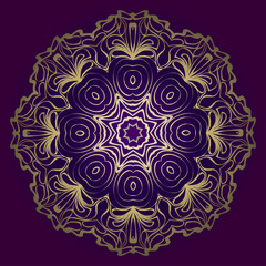 Flower Round Pattern. Vector Illustration. For Design, Invitation Wedding, Valentine's, Background, Wallpaper, Interior. Purple gold color