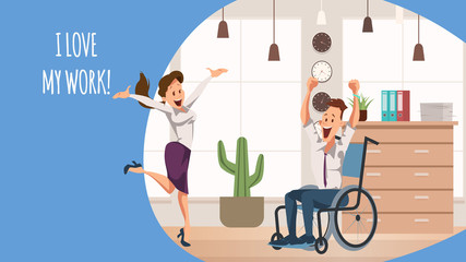 Smiling Woman Jump. Disabled Office Worker Joy