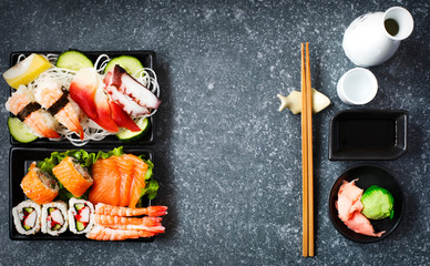 Sushi Set. Different sashimi, sushi and rolls