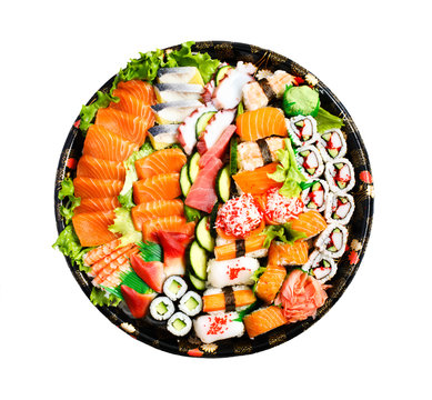 Sushi Set. Different sashimi, sushi and rolls isolated on white background