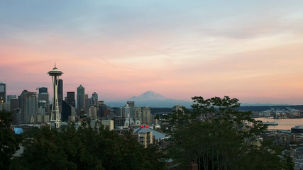 the space needle in seattle at sunset