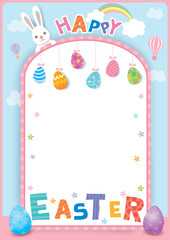 Easter frame with painted eggs and rabbit