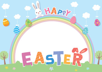 Happy Easter with rabbit and rainbow frame