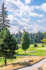 Fototapeta na wymiar Golf course with gorgeous green and fantastic mountain view