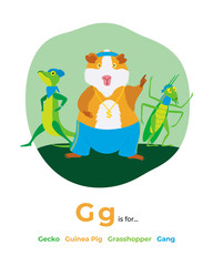 Full English alphabet from A to Z, pictures for letter G, the colorful version. 