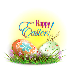 Easter composition with two eggs and a wicker, design element