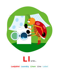 English alphabet Colored cartoon with letter L for children, with pictures to these letter with ladybird, laundry, linen, line, label. - Vector