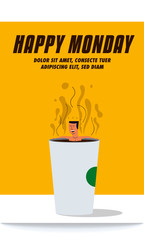 Man taking bath and relaxing in coffee paper cup. Coffee Drinking Template Design.