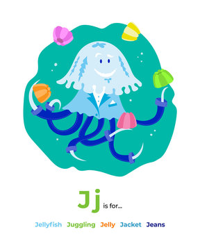 English alphabet Colored cartoon with letter J for children, with pictures to these letter with jellyfish, juggling, jelly, jacket, jeans. - Vector