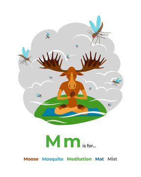 English alphabet Colored cartoon with letter M for children, with pictures to these letter with moose, mosquito, meditation, mat, mist. - Vector