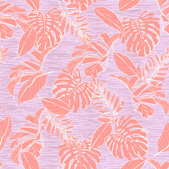 Sweet pasel color of Floral and tropical leaves seamless pattern,palm trees in hand drawn line sketch