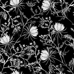 Black and white oriental Seamless pattern of soft and graceful blooming flowers,botanical vector design for fashion,fabric,wallpaper,and all prints
