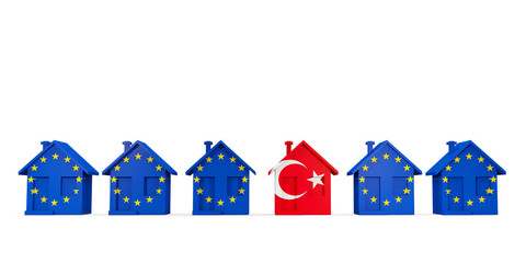 House with flag of turkey in a row of EU flags