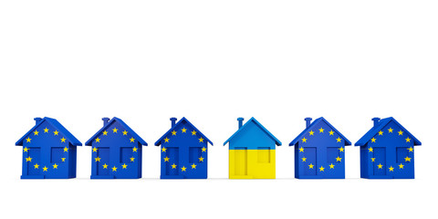 House with flag of ukraine in a row of EU flags