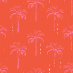 Fototapeta na wymiar Summer Palm and coconut trees silhouette on the vivild orange background. Vector seamless pattern with tropical plants