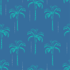 Trendy Palm and coconut trees silhouette on the sky blue background. Vector seamless pattern with tropical plants